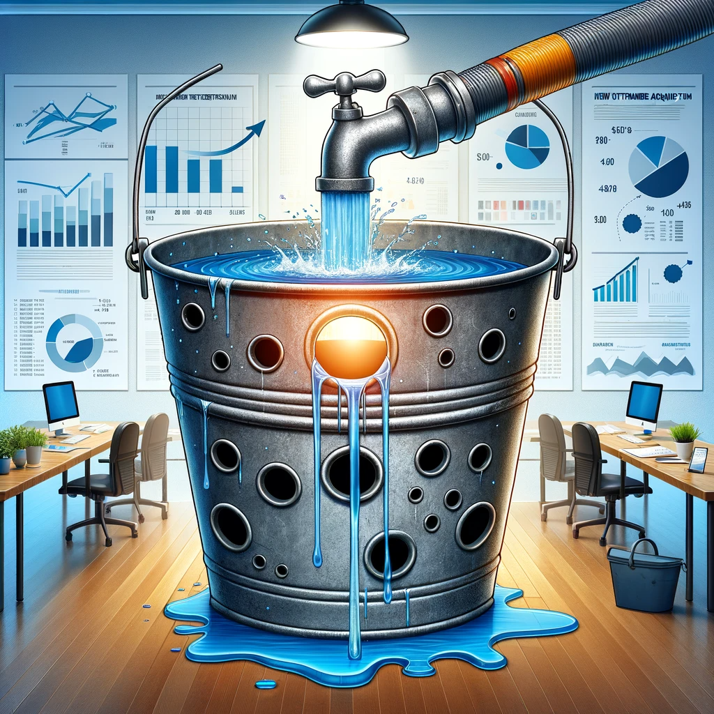 Imagem criada com IA (inteligência Artificial) para ilustrar a teoria do balde furado e a importância da retenção de clientes.
